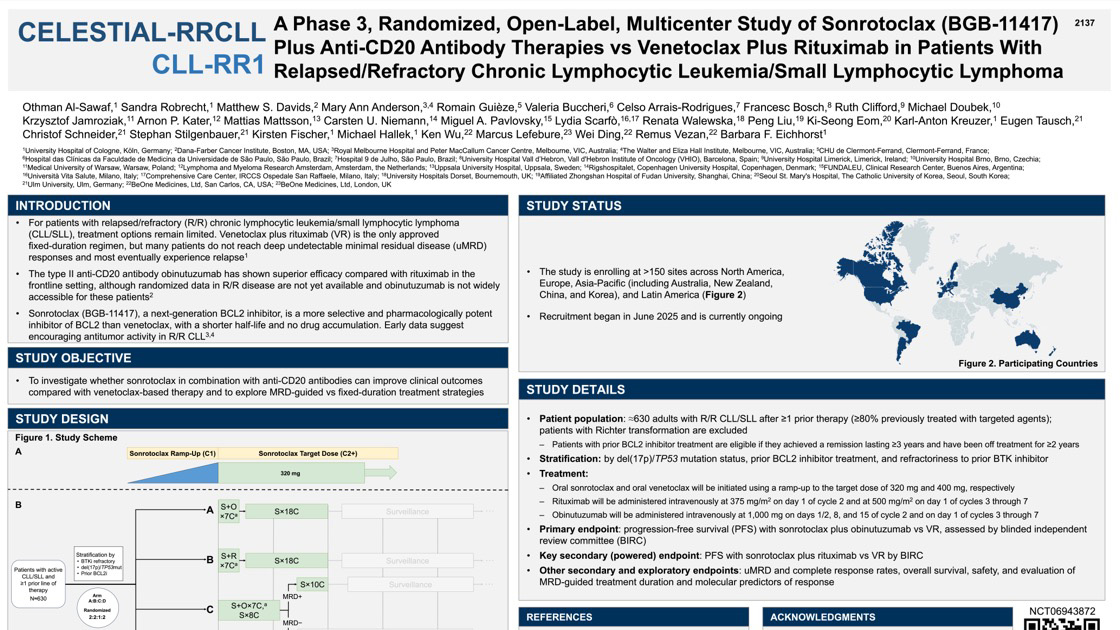 ASH 2025 poster on phase 3 CELESTIAL-RRCLL study of sonrotoclax + anti-CD20 therapies vs venetoclax + rituximab in R/R CLL/SLL by Othman Al-Sawaf