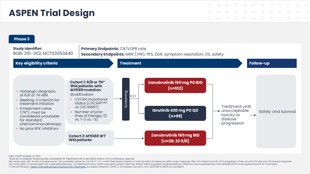 Phase III ASPEN trial design in Waldenström’s macroglobulinemia comparing zanubrutinib and ibrutinib, including patient eligibility, stratification, treatment arms, and follow up.